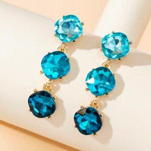 Blue & Gold Graduating Tint Rhinestone Post Dangle Earrings NWOT